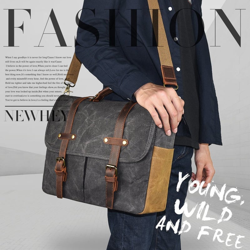 NEWHEY Mens Messenger Bag 15.6 Inch Waterproof Vintage Genuine Leather Waxed Canvas Briefcase Large Satchel Shoulder Bag Rugged Leather Computer Laptop Bag, Grey - Image 2